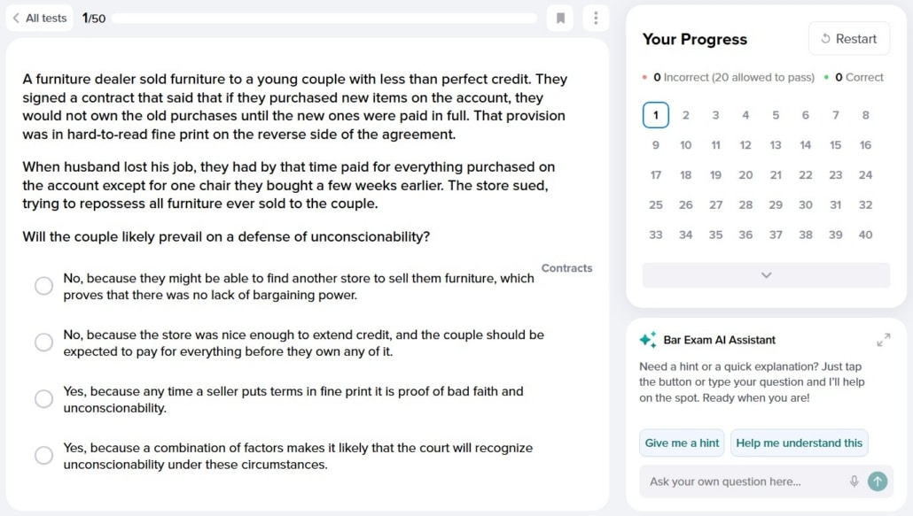 A Bar Prep Hero practice exam includes 50 questions, answer explanations, and a Bar Exam AI Assistant.